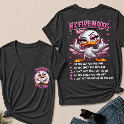 Women’s V‑Neck T‑Shirt, Generation X EST.1968 Pink Duck My Five Moods Graphic Tee, Front & Back Print Sarcastic Funny Casual Short Sleeve Top