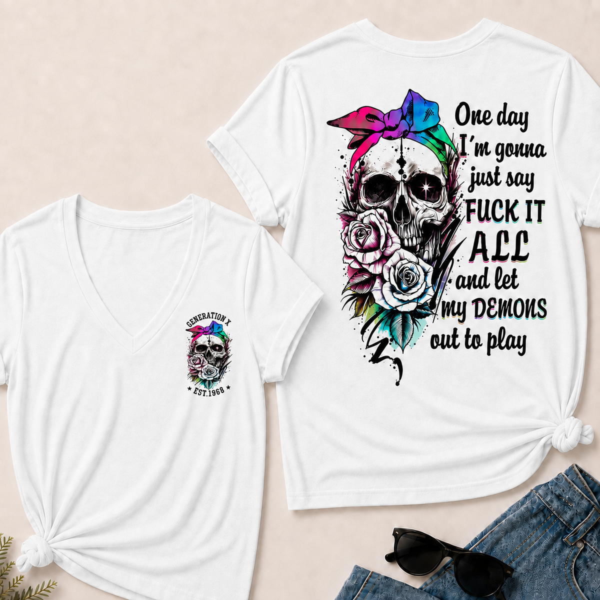 Women’s V‑Neck T‑Shirt, Generation X EST.1968 Rainbow Bow Skull Rose Graphic Tee, Front & Back Print Sarcastic Dark Style Casual Short Sleeve Top
