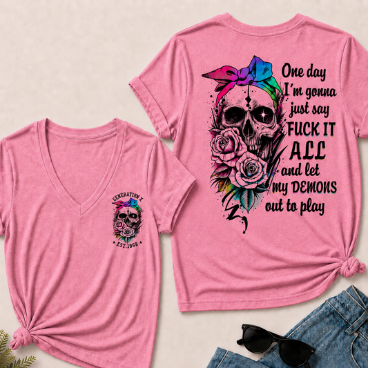 Women’s V‑Neck T‑Shirt, Generation X EST.1968 Rainbow Bow Skull Rose Graphic Tee, Front & Back Print Sarcastic Dark Style Casual Short Sleeve Top