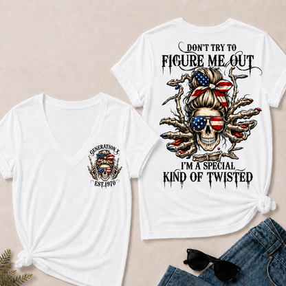 Women’s V‑Neck T‑Shirt, Generation X EST.1970 American Flag Skull “Don’t Try To Figure Me Out” Graphic Tee, Front & Back Print Sarcastic Casual Short Sleeve Top