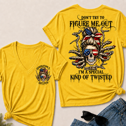Women’s V‑Neck T‑Shirt, Generation X EST.1970 American Flag Skull “Don’t Try To Figure Me Out” Graphic Tee, Front & Back Print Sarcastic Casual Short Sleeve Top