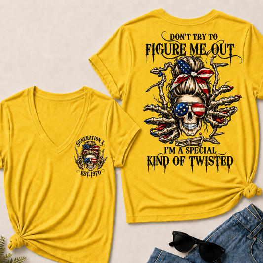 Women’s V‑Neck T‑Shirt, Generation X EST.1970 American Flag Skull “Don’t Try To Figure Me Out” Graphic Tee, Front & Back Print Sarcastic Casual Short Sleeve Top