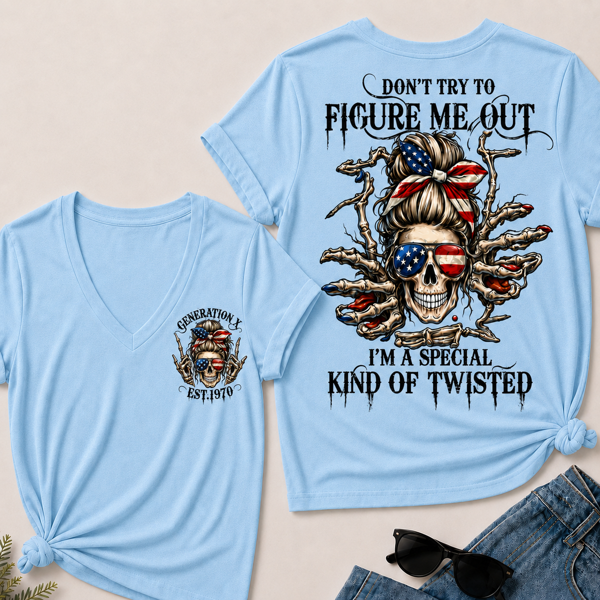 Women’s V‑Neck T‑Shirt, Generation X EST.1970 American Flag Skull “Don’t Try To Figure Me Out” Graphic Tee, Front & Back Print Sarcastic Casual Short Sleeve Top