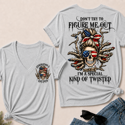 Women’s V‑Neck T‑Shirt, Generation X EST.1970 American Flag Skull “Don’t Try To Figure Me Out” Graphic Tee, Front & Back Print Sarcastic Casual Short Sleeve Top