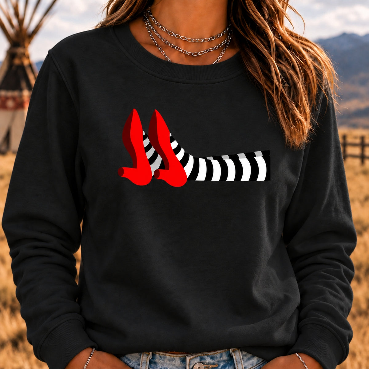 Women's Crew Neck Sweatshirt Witch Legs Red Heels Wizard of Oz Graphic Long Sleeve Casual Halloween Pullover Top