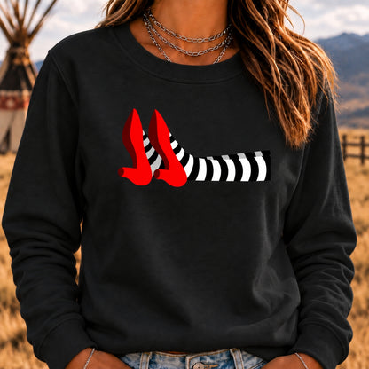 Women's Crew Neck Sweatshirt Witch Legs Red Heels Wizard of Oz Graphic Long Sleeve Casual Halloween Pullover Top