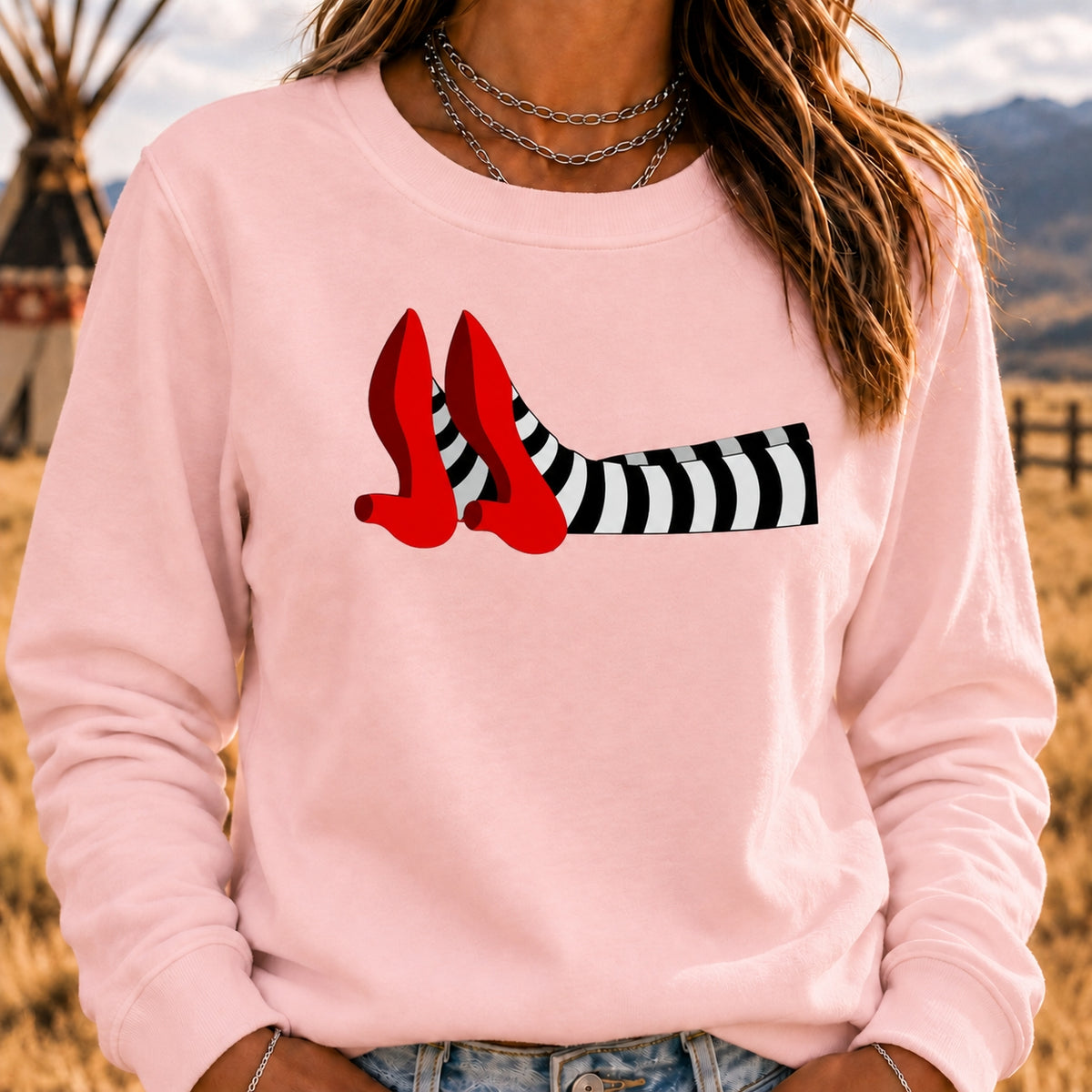 Women's Crew Neck Sweatshirt Witch Legs Red Heels Wizard of Oz Graphic Long Sleeve Casual Halloween Pullover Top