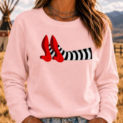 Women's Crew Neck Sweatshirt Witch Legs Red Heels Wizard of Oz Graphic Long Sleeve Casual Halloween Pullover Top