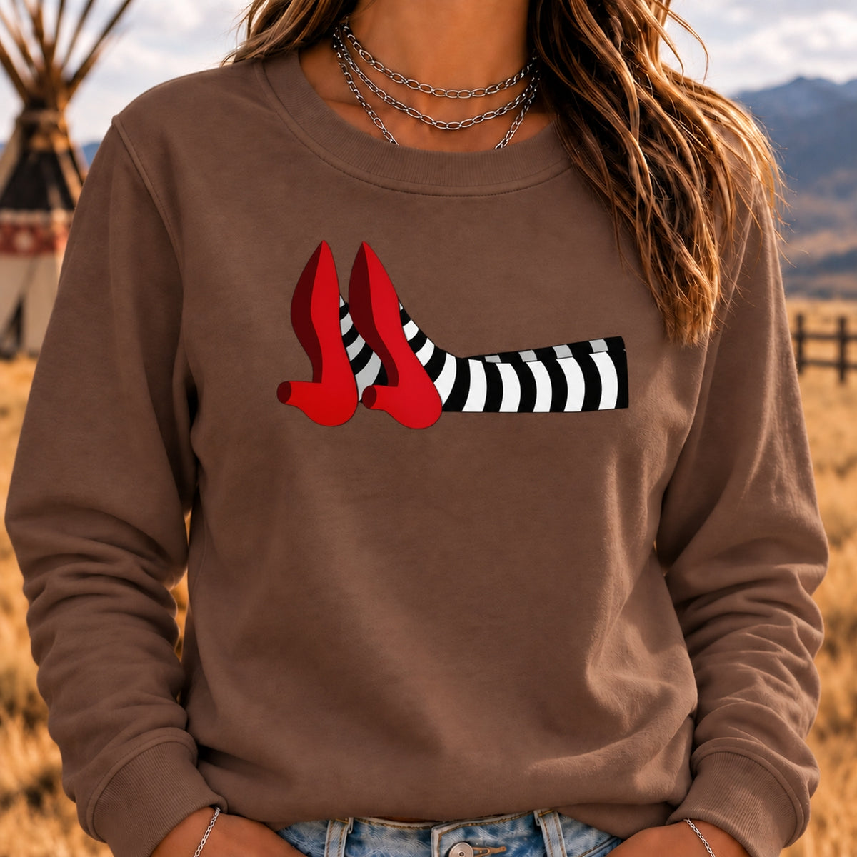 Women's Crew Neck Sweatshirt Witch Legs Red Heels Wizard of Oz Graphic Long Sleeve Casual Halloween Pullover Top
