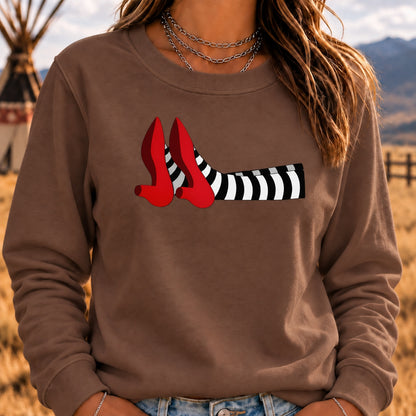 Women's Crew Neck Sweatshirt Witch Legs Red Heels Wizard of Oz Graphic Long Sleeve Casual Halloween Pullover Top