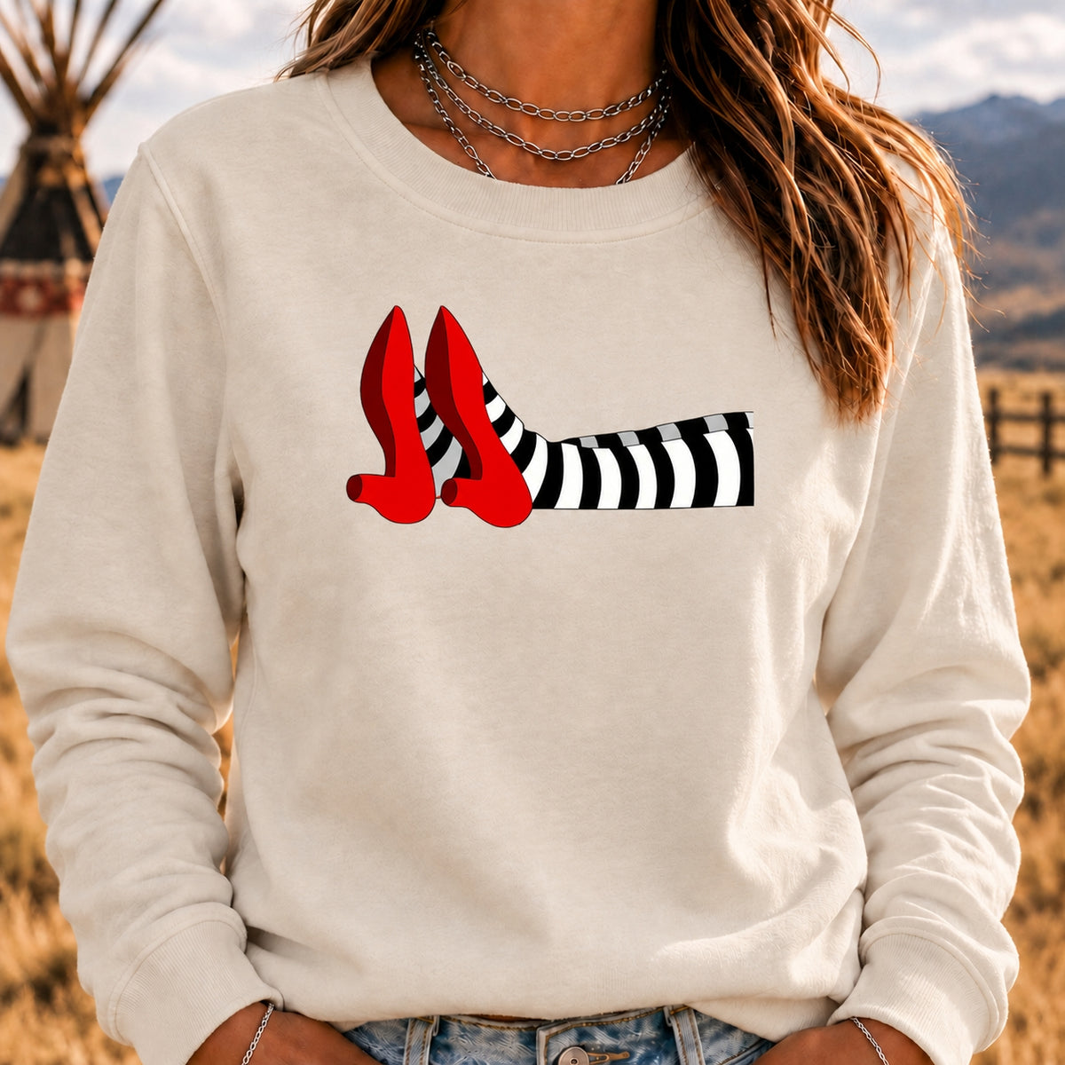 Women's Crew Neck Sweatshirt Witch Legs Red Heels Wizard of Oz Graphic Long Sleeve Casual Halloween Pullover Top