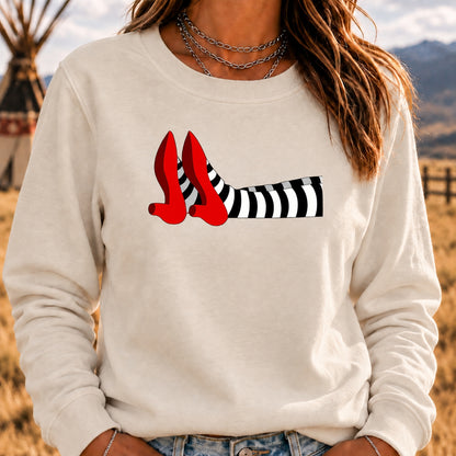 Women's Crew Neck Sweatshirt Witch Legs Red Heels Wizard of Oz Graphic Long Sleeve Casual Halloween Pullover Top