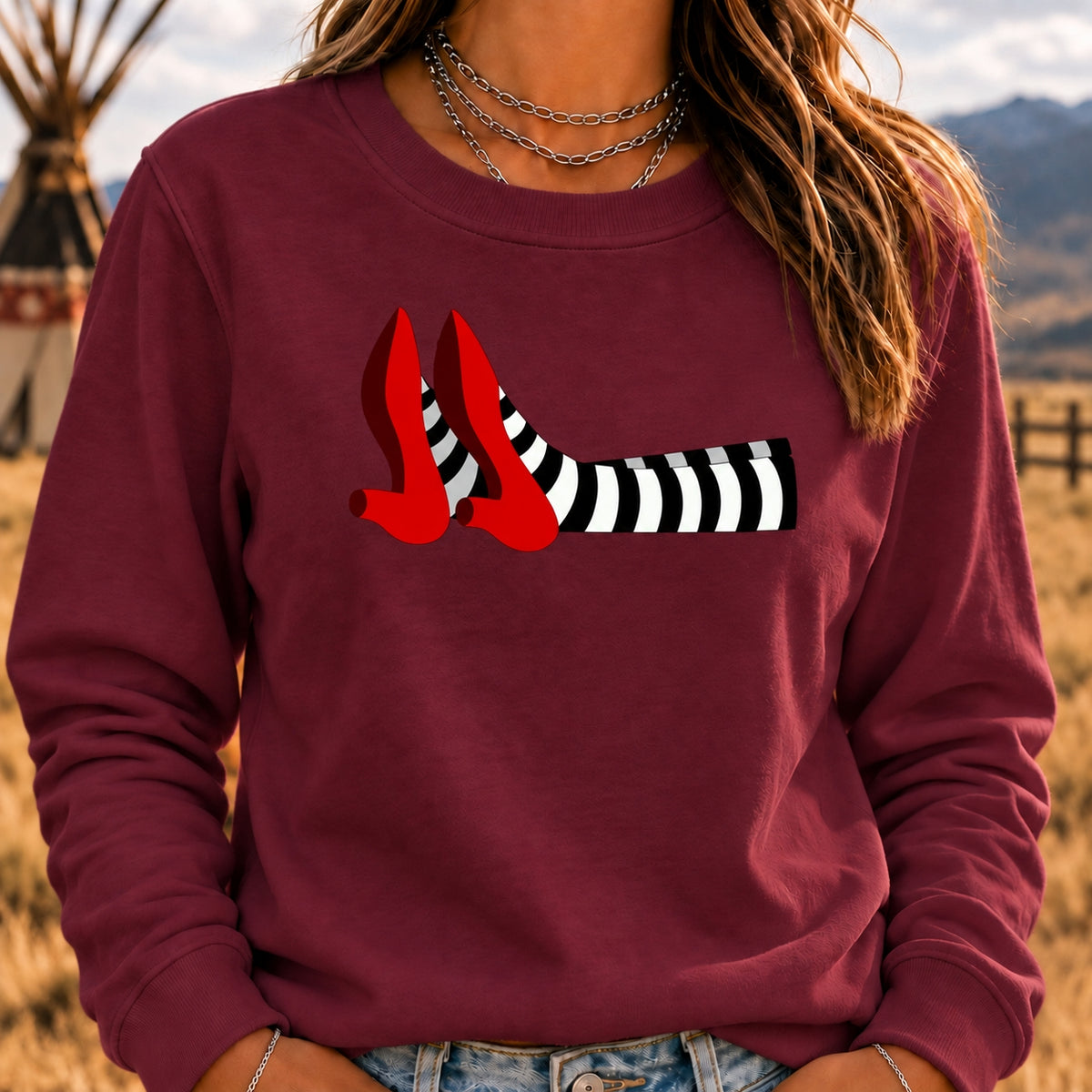 Women's Crew Neck Sweatshirt Witch Legs Red Heels Wizard of Oz Graphic Long Sleeve Casual Halloween Pullover Top