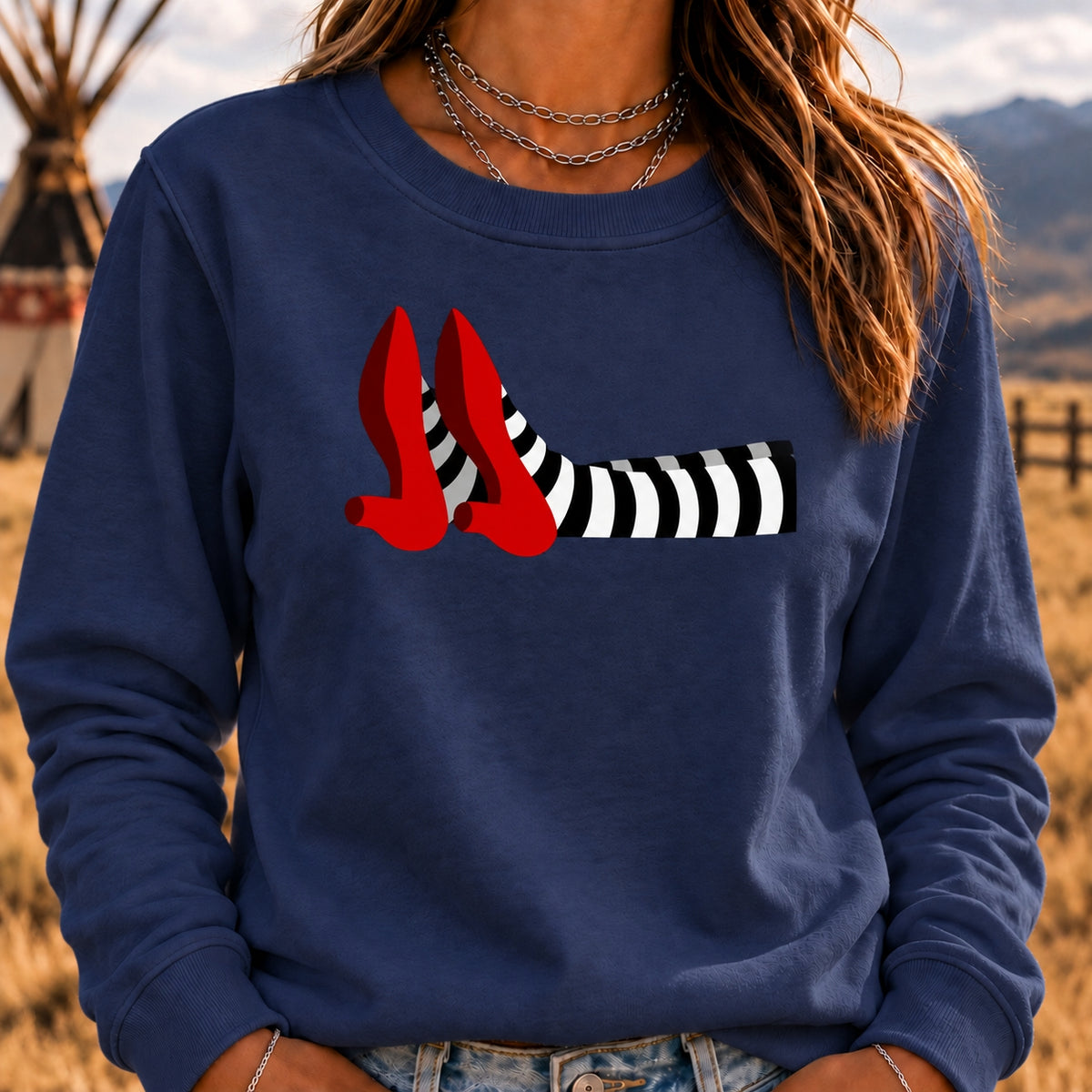 Women's Crew Neck Sweatshirt Witch Legs Red Heels Wizard of Oz Graphic Long Sleeve Casual Halloween Pullover Top