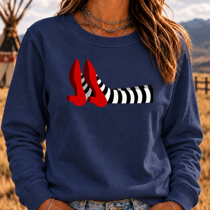 Women's Crew Neck Sweatshirt Witch Legs Red Heels Wizard of Oz Graphic Long Sleeve Casual Halloween Pullover Top