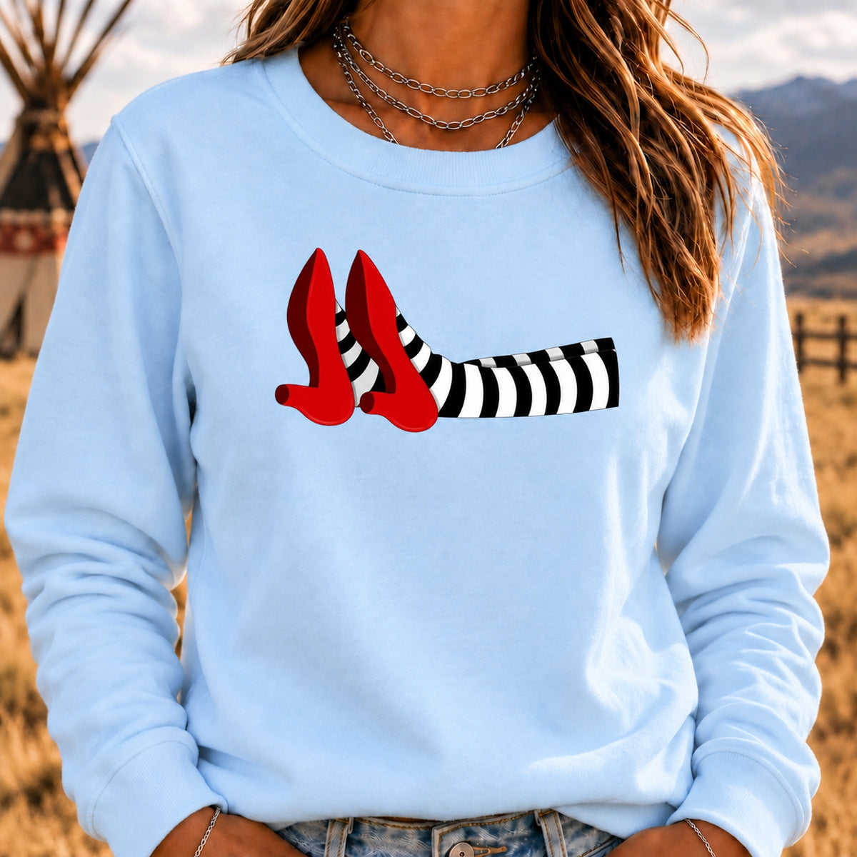 Women's Crew Neck Sweatshirt Witch Legs Red Heels Wizard of Oz Graphic Long Sleeve Casual Halloween Pullover Top