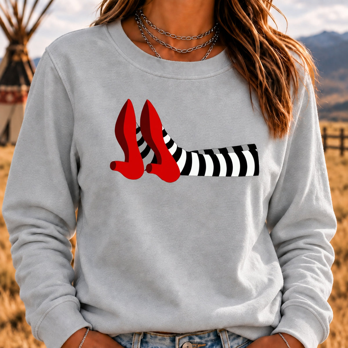 Women's Crew Neck Sweatshirt Witch Legs Red Heels Wizard of Oz Graphic Long Sleeve Casual Halloween Pullover Top
