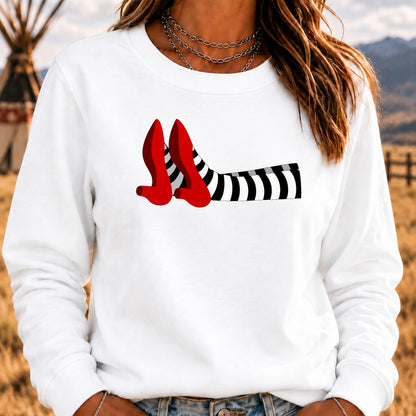 Women's Crew Neck Sweatshirt Witch Legs Red Heels Wizard of Oz Graphic Long Sleeve Casual Halloween Pullover Top
