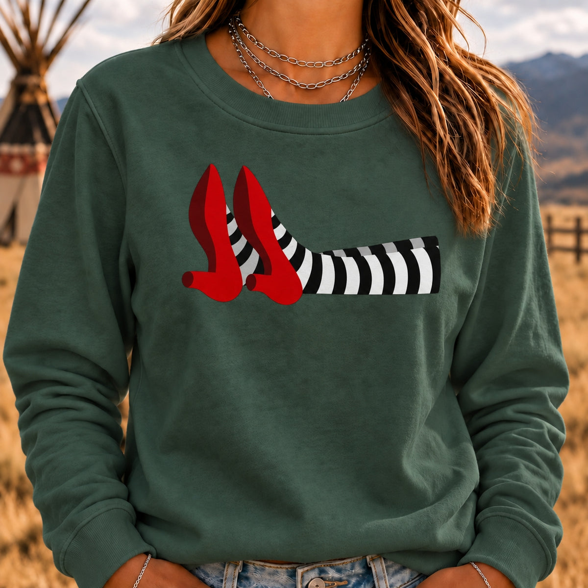 Women's Crew Neck Sweatshirt Witch Legs Red Heels Wizard of Oz Graphic Long Sleeve Casual Halloween Pullover Top