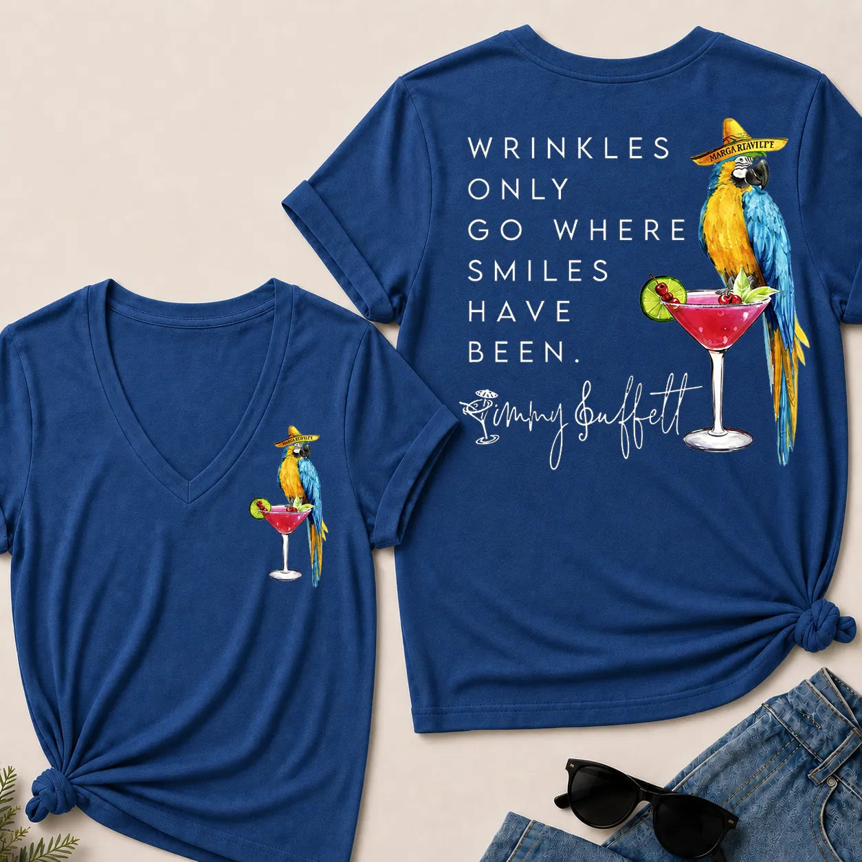 Wrinkles Only Go Where Smiles Have Been – Jimmy Buffett Tribute V-Neck T-Shirt
