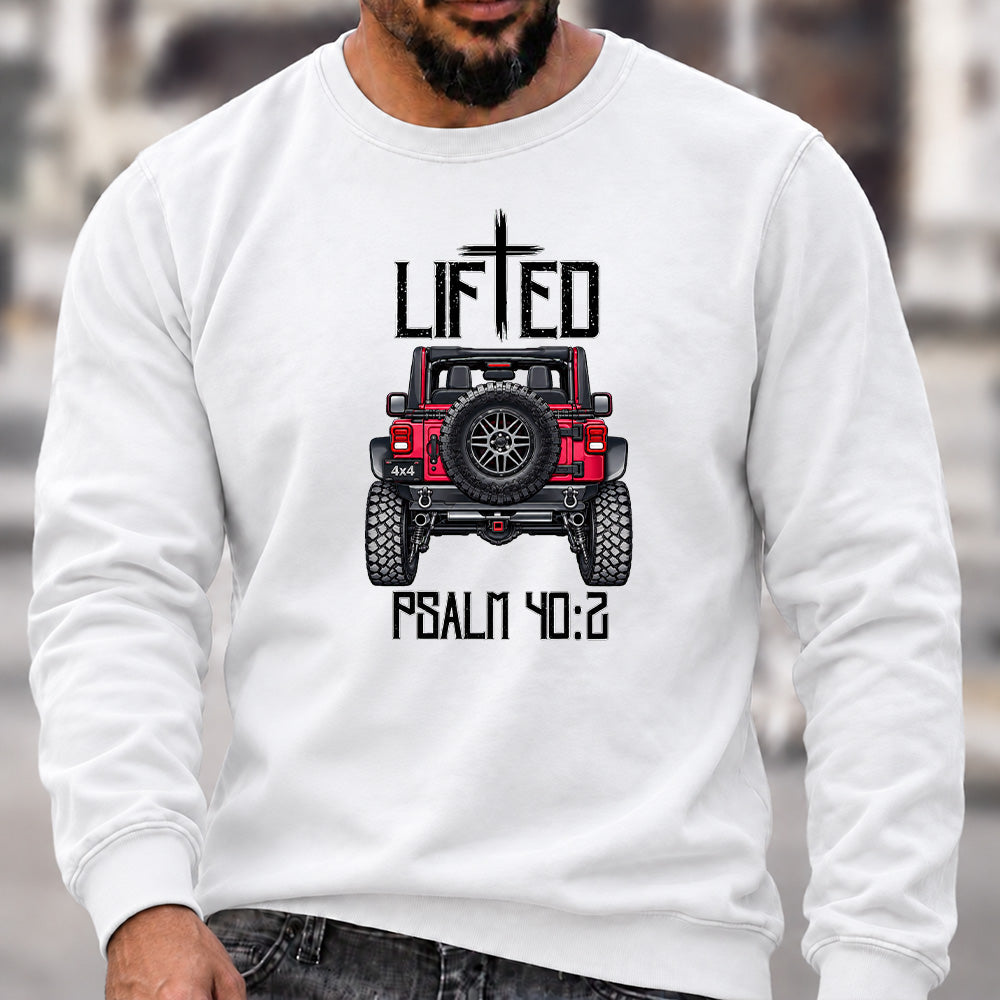 Lifted Psalm 40:2 Crew Neck Sweatshirt, Christian Offroad Jeep Men’s Graphic Casual Long Sleeve Pullover