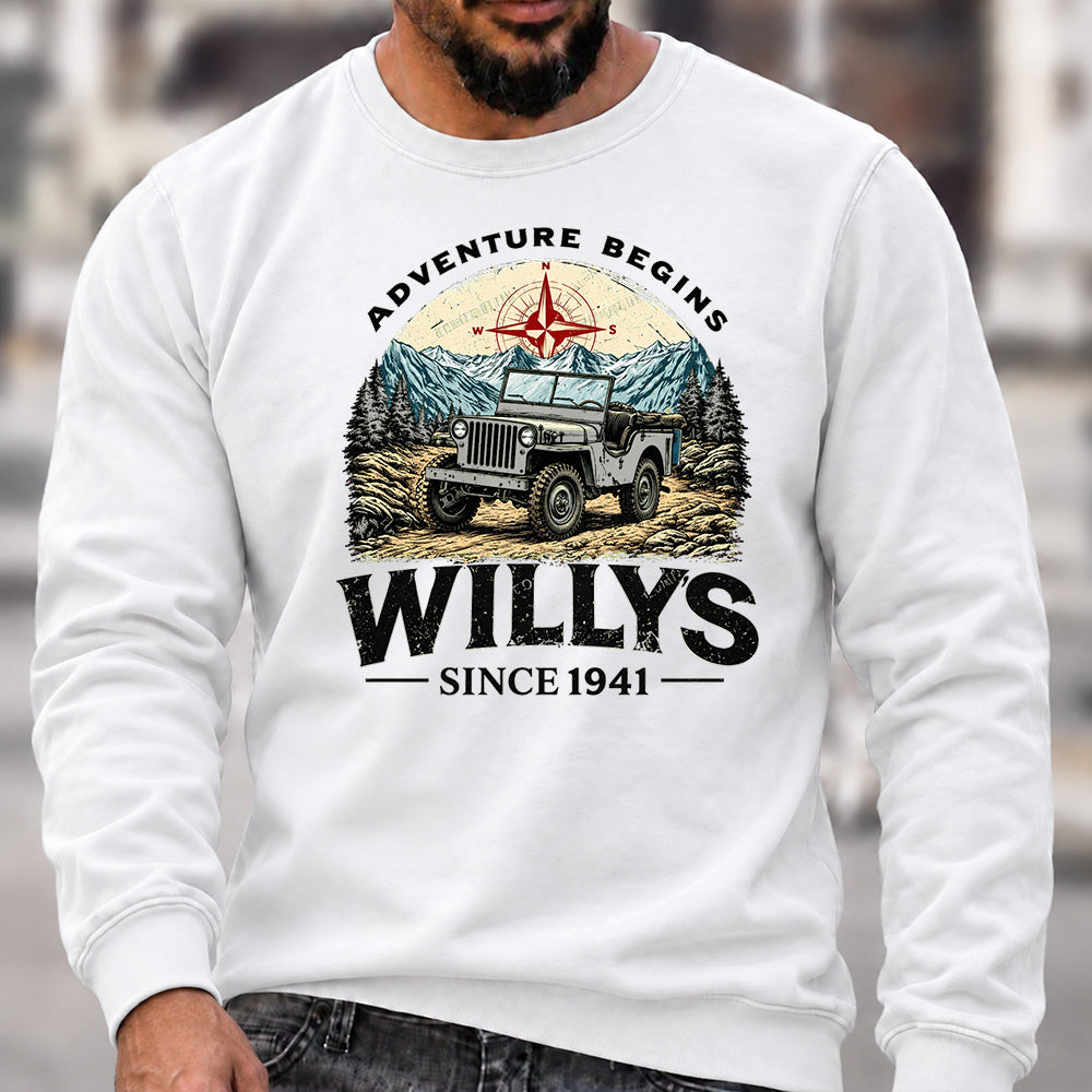 Willys Since 1941 Crew Neck Sweatshirt, Vintage Willys Jeep Men’s Graphic Casual Long Sleeve Pullover Top