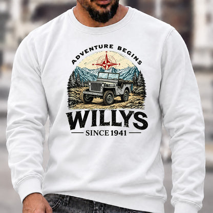 Willys Since 1941 Crew Neck Sweatshirt, Vintage Willys Jeep Men’s Graphic Casual Long Sleeve Pullover Top