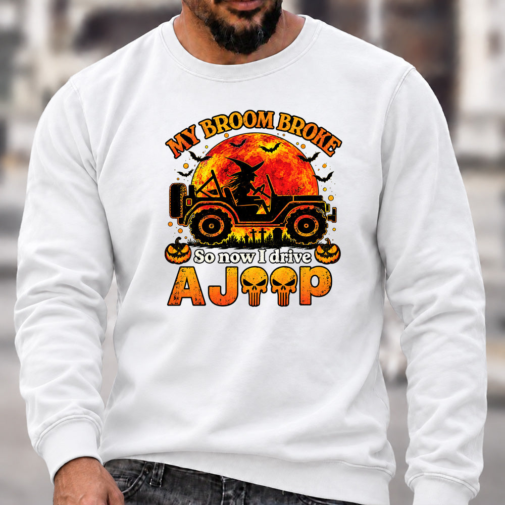 Men’s Crew Neck Sweatshirt, My Broom Broke So Now I Drive A Jeep Halloween Witch Offroad Graphic Pullover, Halloween Jeep Lover Casual Top
