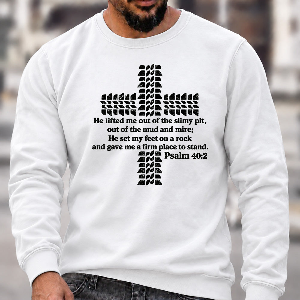 Men’s Crew Neck Sweatshirt, Psalm 40:2 Bible Verse Tire Tread Cross Graphic Pullover, Christian Offroad Faith Casual Top