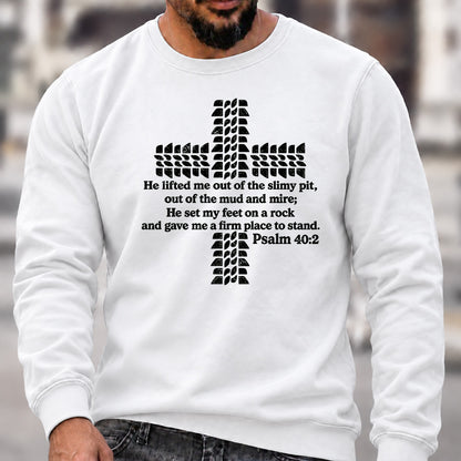 Men’s Crew Neck Sweatshirt, Psalm 40:2 Bible Verse Tire Tread Cross Graphic Pullover, Christian Offroad Faith Casual Top