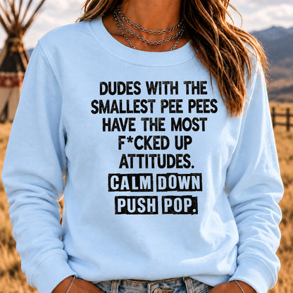 Dudes With The Smallest Pee Pees Have The Most F*cked Up Attitudes Sweatshirt | Calm Down Push Pop
