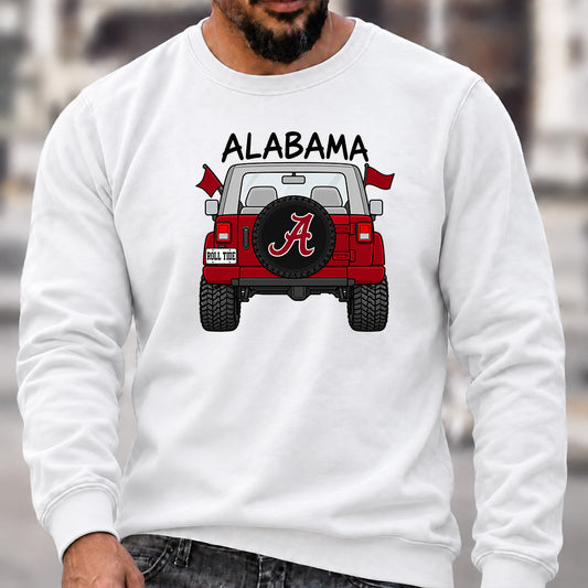 Men’s Crew Neck Sweatshirt, Alabama Roll Tide Themed Jeep Rear View Graphic Pullover, Football Fan Casual Offroad Top