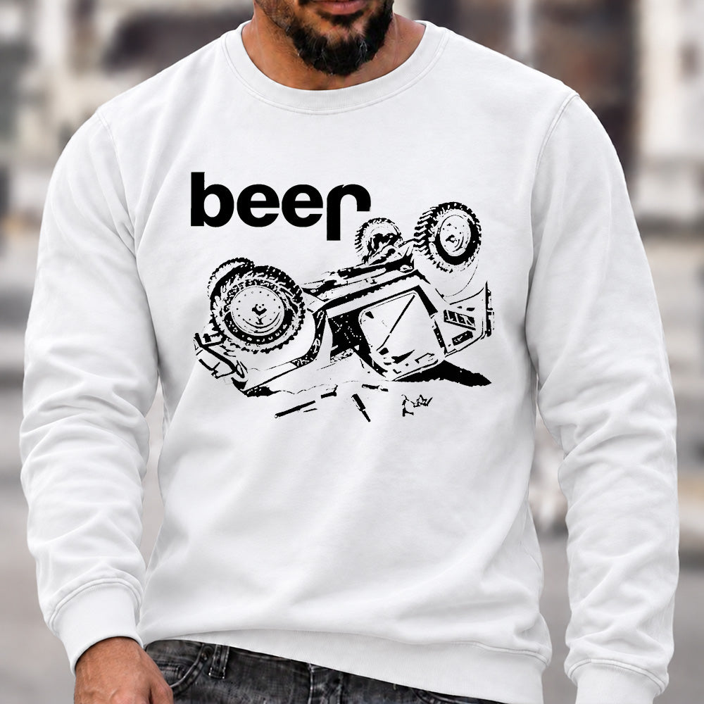 Funny Beer Jeep Rollover Crew Neck Sweatshirt, Offroad Men’s Graphic Casual Long Sleeve Pullover