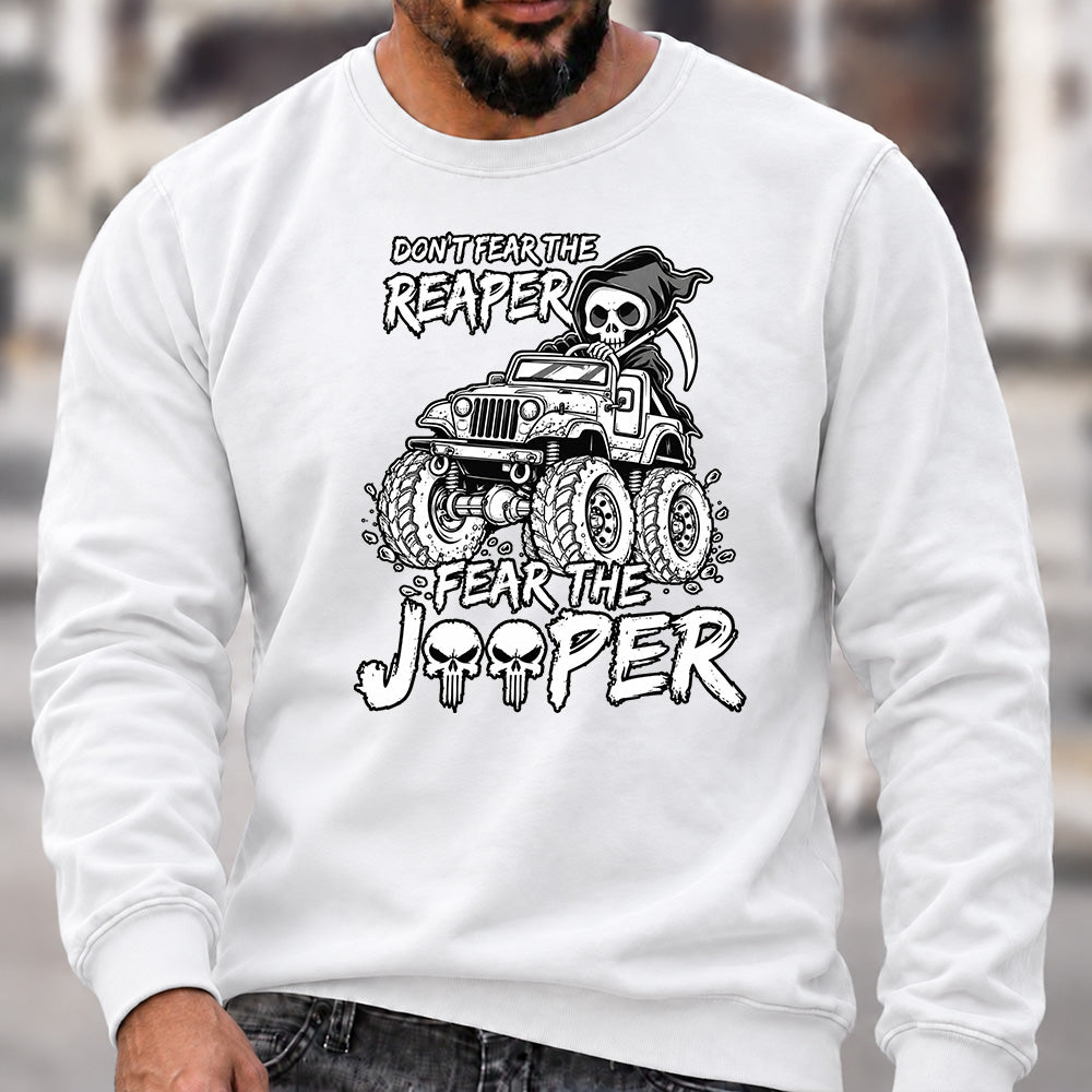 Don't Fear The Reaper Fear The Jeeper Crew Neck Sweatshirt, Men’s Grim Reaper Jeep Graphic Casual Long Sleeve Pullover Top