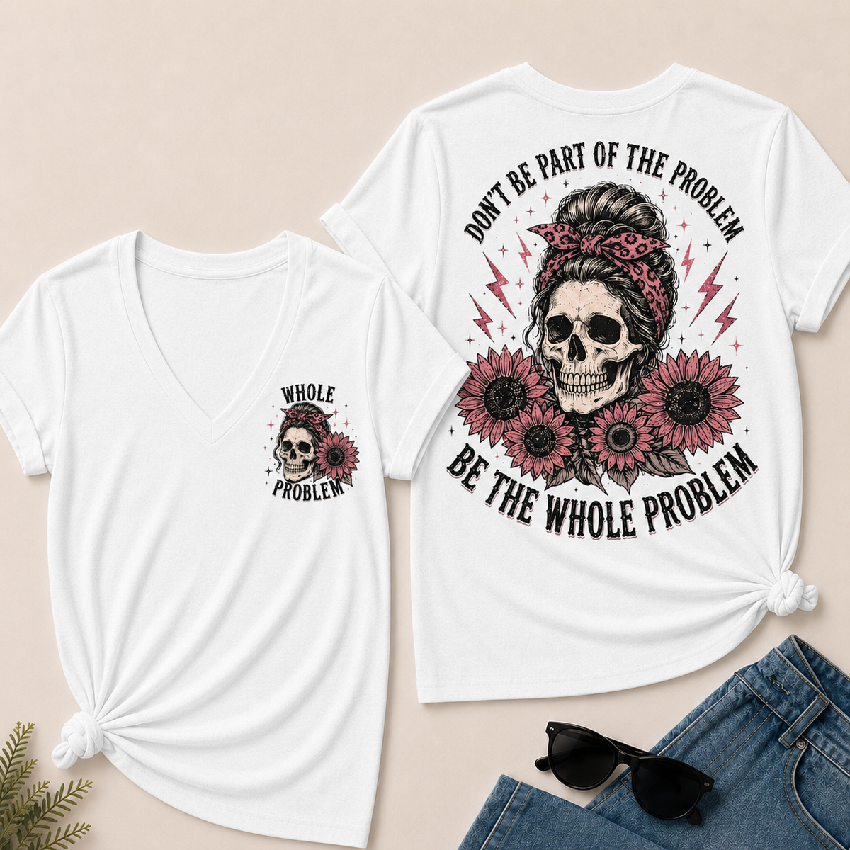Women’s V‑Neck T‑Shirt, Leopard Bandana Skull Sunflower “Be The Whole Problem” Graphic Tee, Front & Back Print Sarcastic Casual Short Sleeve Top