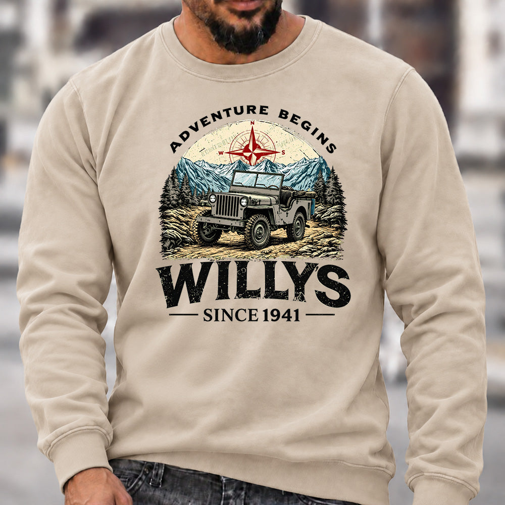 Willys Since 1941 Crew Neck Sweatshirt, Vintage Willys Jeep Men’s Graphic Casual Long Sleeve Pullover Top