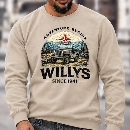Willys Since 1941 Crew Neck Sweatshirt, Vintage Willys Jeep Men’s Graphic Casual Long Sleeve Pullover Top