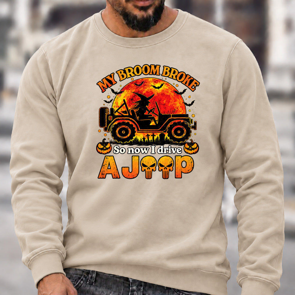 Men’s Crew Neck Sweatshirt, My Broom Broke So Now I Drive A Jeep Halloween Witch Offroad Graphic Pullover, Halloween Jeep Lover Casual Top