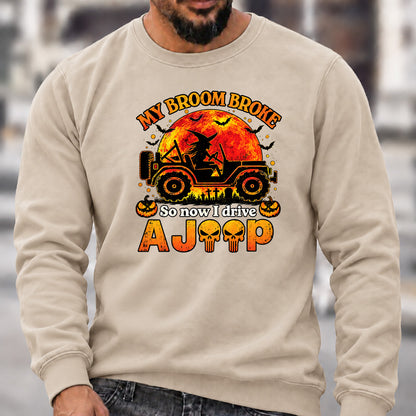 Men’s Crew Neck Sweatshirt, My Broom Broke So Now I Drive A Jeep Halloween Witch Offroad Graphic Pullover, Halloween Jeep Lover Casual Top