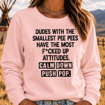 Dudes With The Smallest Pee Pees Have The Most F*cked Up Attitudes Sweatshirt | Calm Down Push Pop