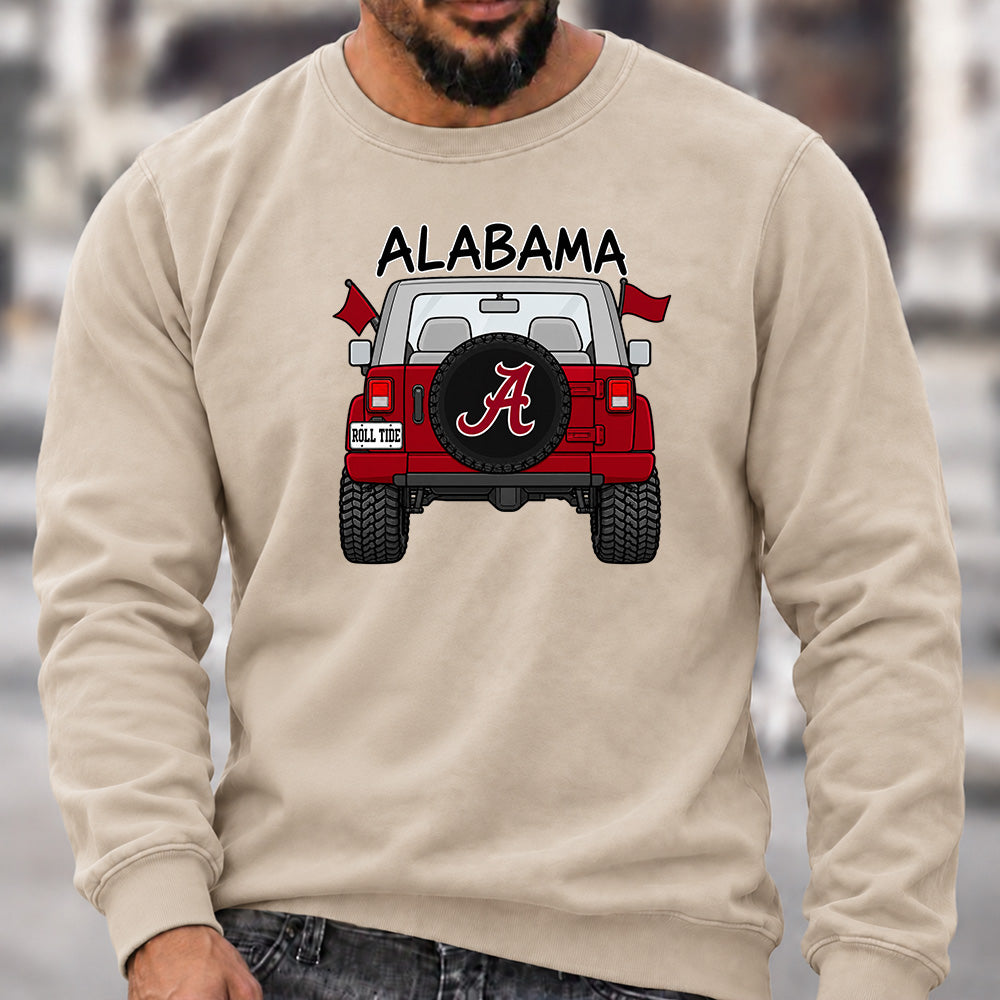 Men’s Crew Neck Sweatshirt, Alabama Roll Tide Themed Jeep Rear View Graphic Pullover, Football Fan Casual Offroad Top