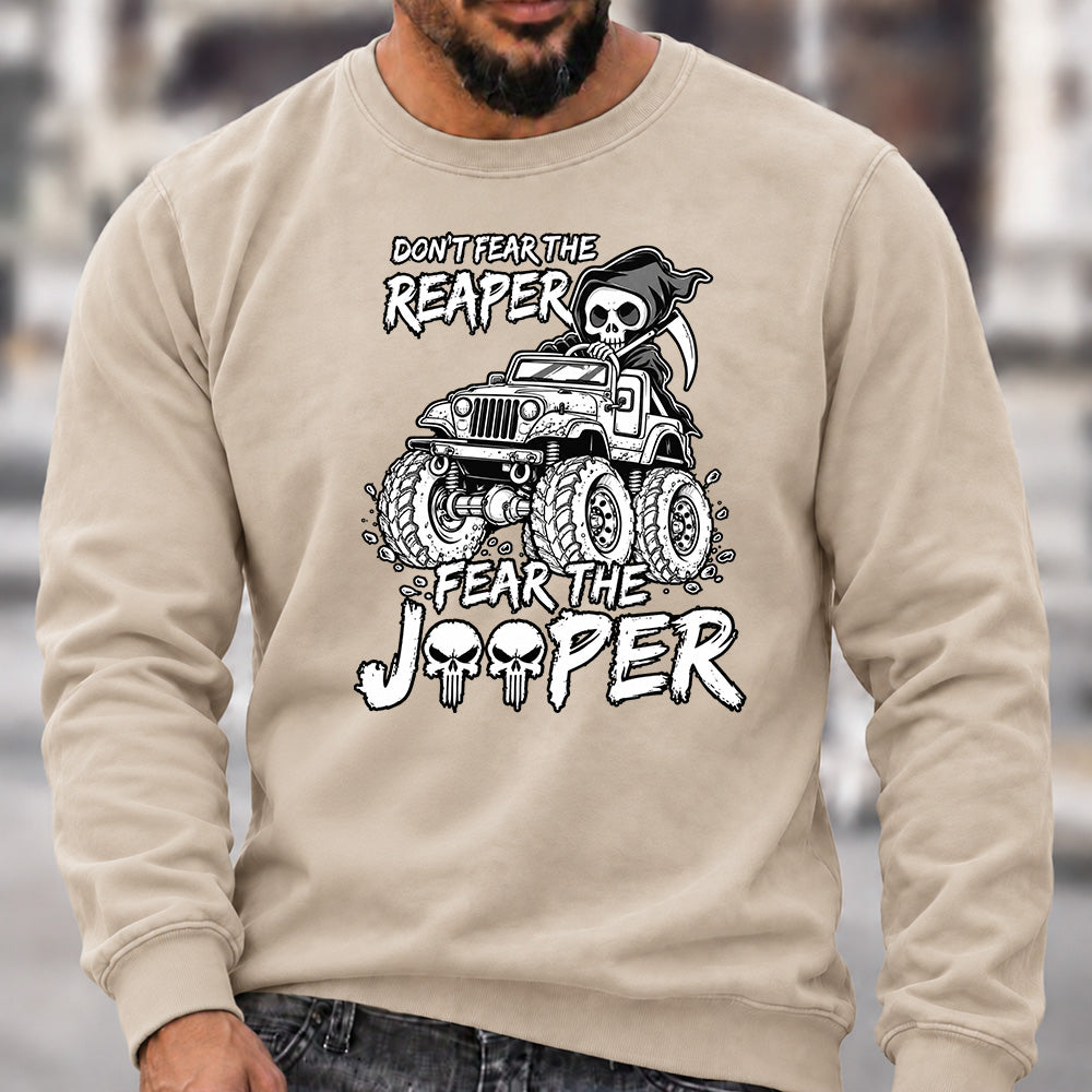 Don't Fear The Reaper Fear The Jeeper Crew Neck Sweatshirt, Men’s Grim Reaper Jeep Graphic Casual Long Sleeve Pullover Top