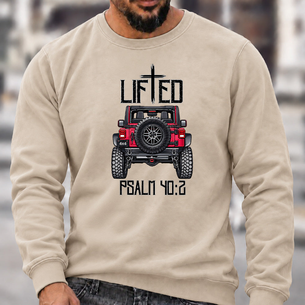 Lifted Psalm 40:2 Crew Neck Sweatshirt, Christian Offroad Jeep Men’s Graphic Casual Long Sleeve Pullover