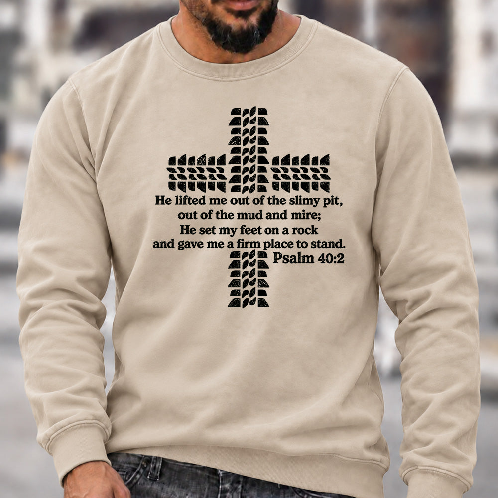 Men’s Crew Neck Sweatshirt, Psalm 40:2 Bible Verse Tire Tread Cross Graphic Pullover, Christian Offroad Faith Casual Top