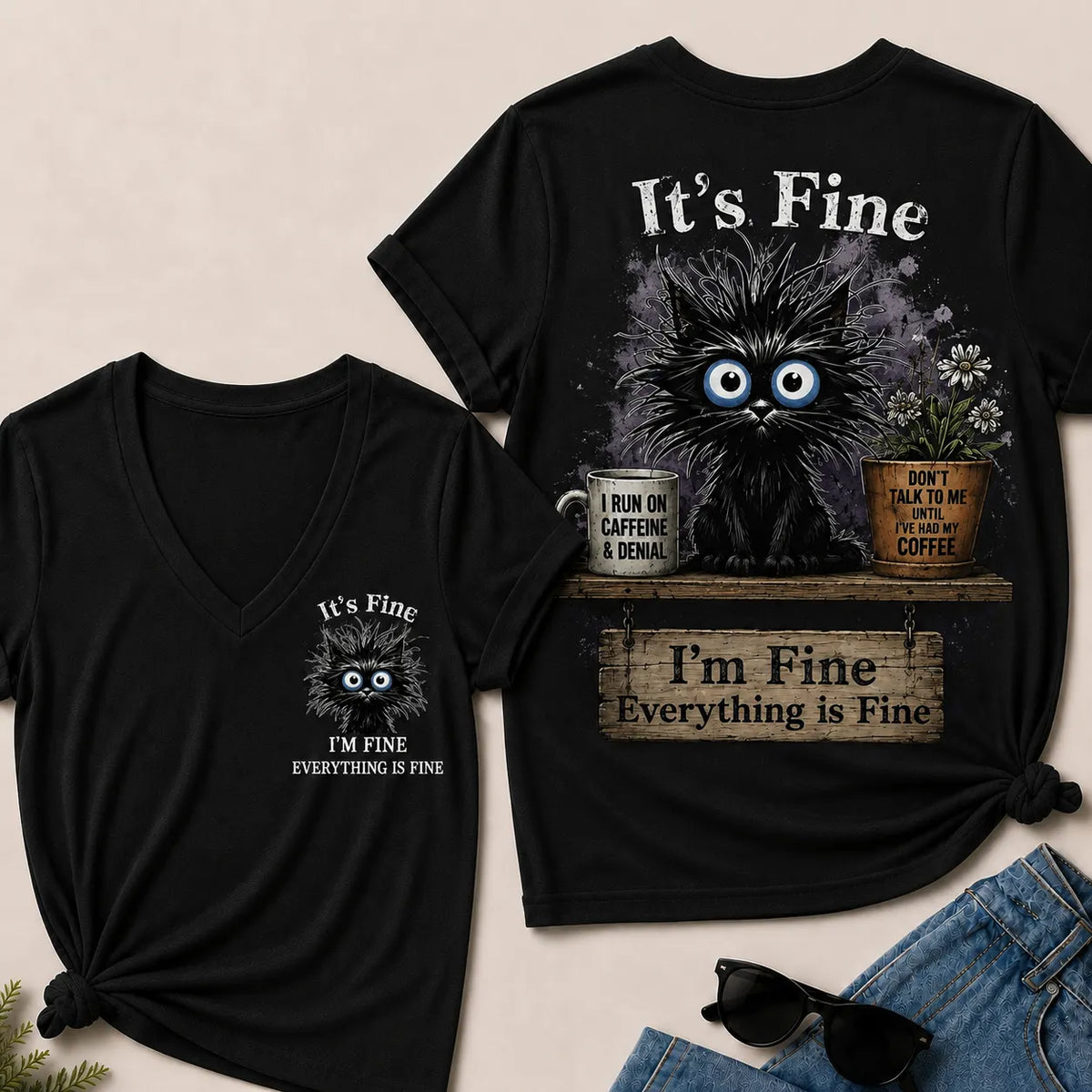 "It's Fine, I'm Fine, Everything Is Fine" Black Cat V-Neck T-Shirt