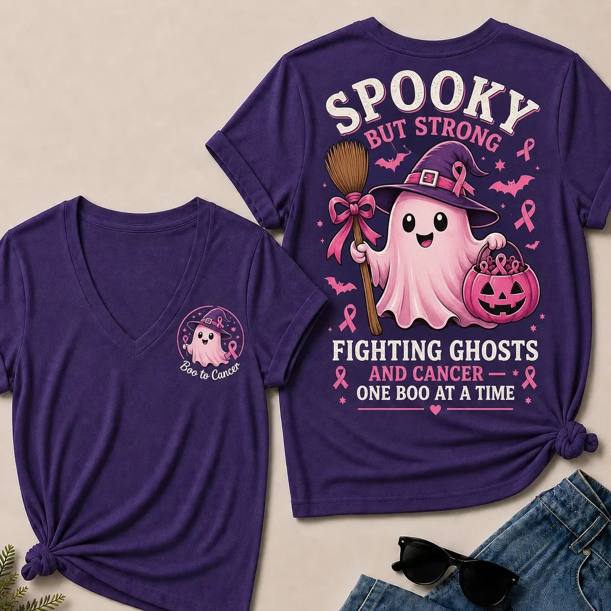 "Fighting Ghosts and Cancer – One BOO at a Time" V-Neck Tee
