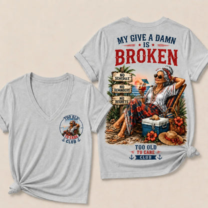 Women’s V-Neck Retirement T-Shirt – Too Old To Care Club Funny Relaxed Beach Lifestyle Tee