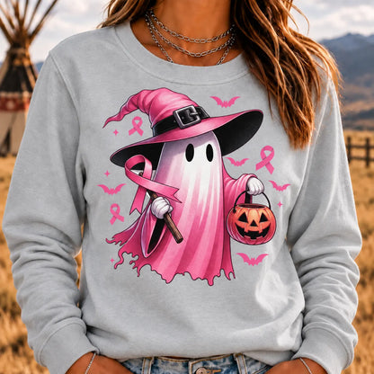 Women's In October We Wear Pink Halloween Ghost Breast Cancer Awareness Sweatshirt