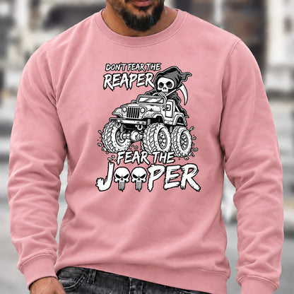 Don't Fear The Reaper Fear The Jeeper Crew Neck Sweatshirt, Men’s Grim Reaper Jeep Graphic Casual Long Sleeve Pullover Top