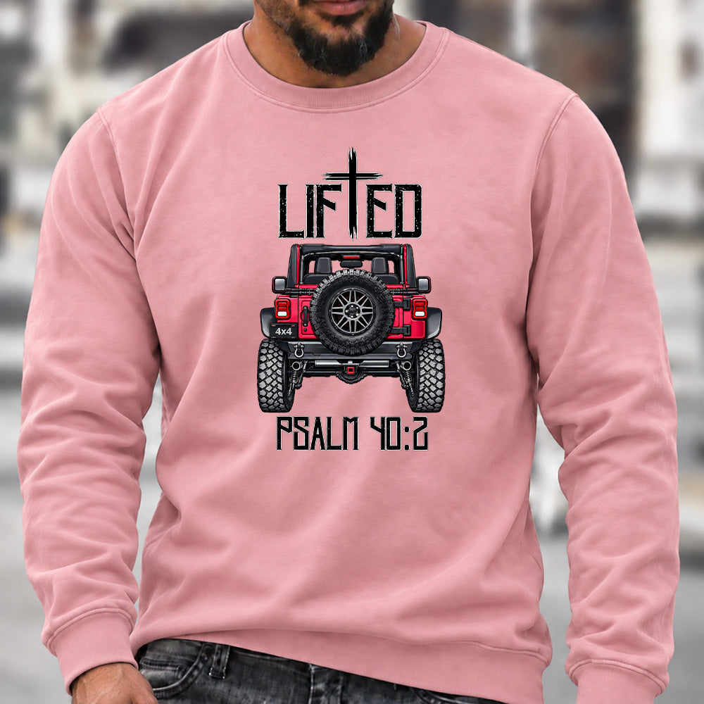 Lifted Psalm 40:2 Crew Neck Sweatshirt, Christian Offroad Jeep Men’s Graphic Casual Long Sleeve Pullover